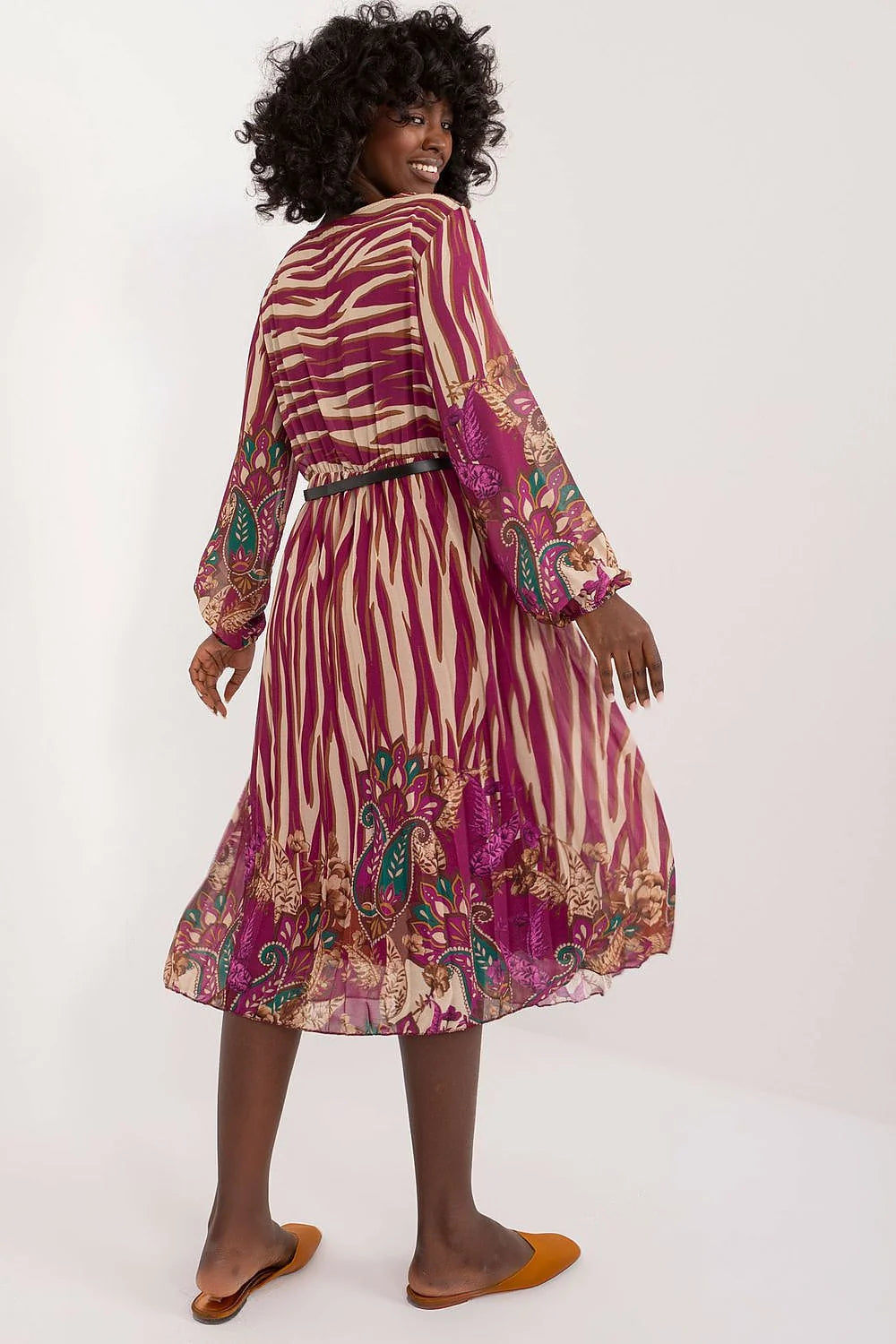 Robe de jour Italy Moda en polyester imprimé floral ethnique longueur midi encolure V manches longues élastiques