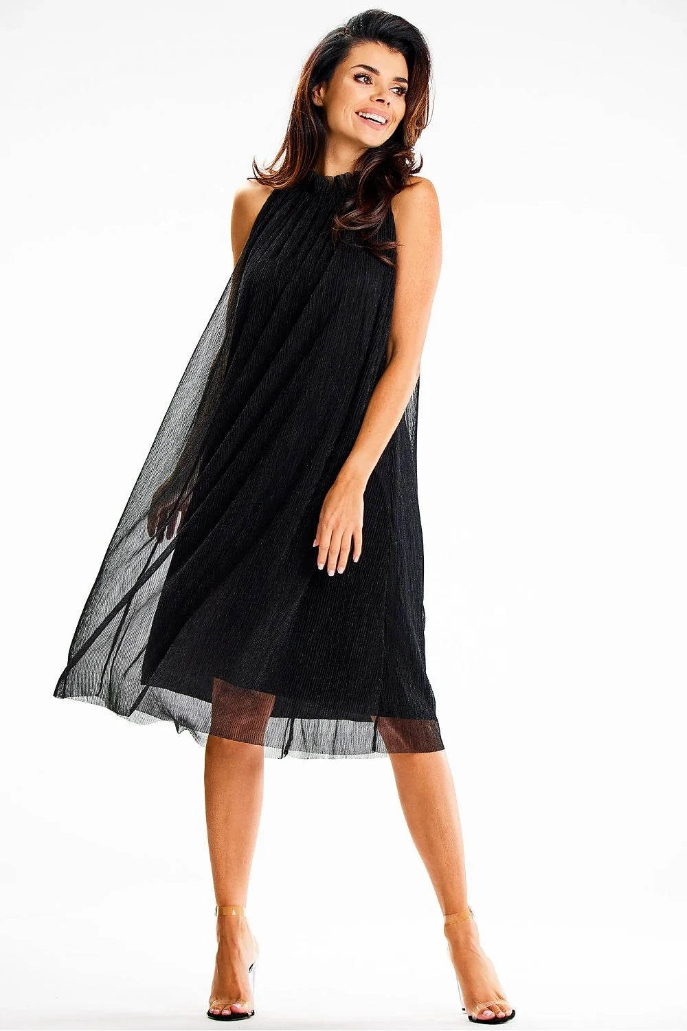 robe soirée midi plissée légère col montant licou ceinture satin fine maille brillante doublure voile semi transparent évasée noire élégante