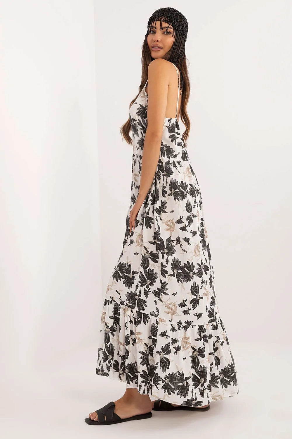 Robe d'été longue à imprimé floral en viscose coupe midi bustier épaules nues volant dentelle occasion décontractée