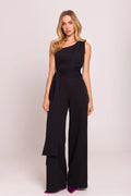 combinaison asymétrique élégante noire sans manches encolure asymétrie buste ajustée ceinture intégrée drapée pantalon palazzo jambes larges tissu fluide