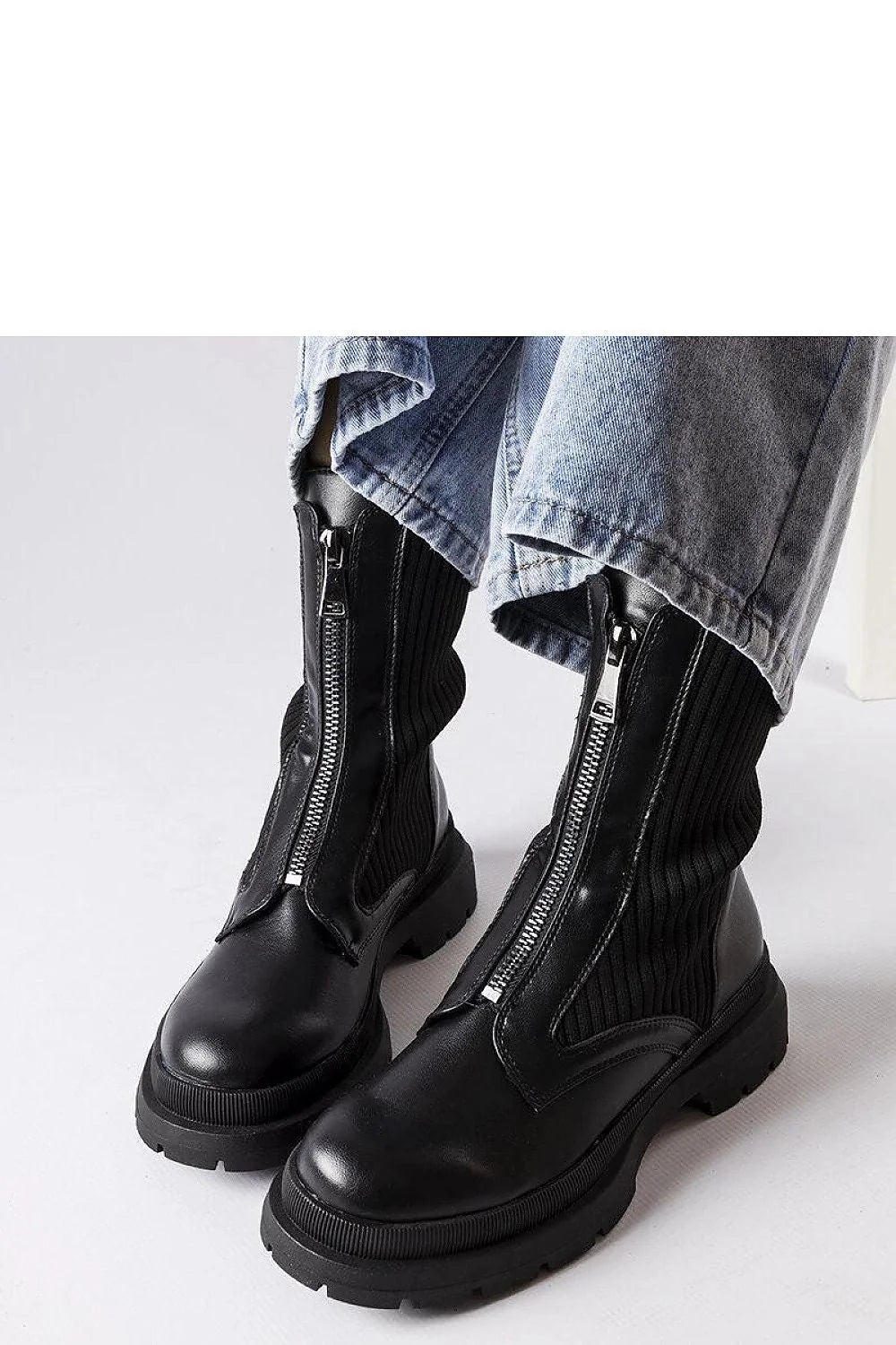 Bottines élégantes en cuir noir stretch talon bas semelle épaisse zipper femmes mode urbaine