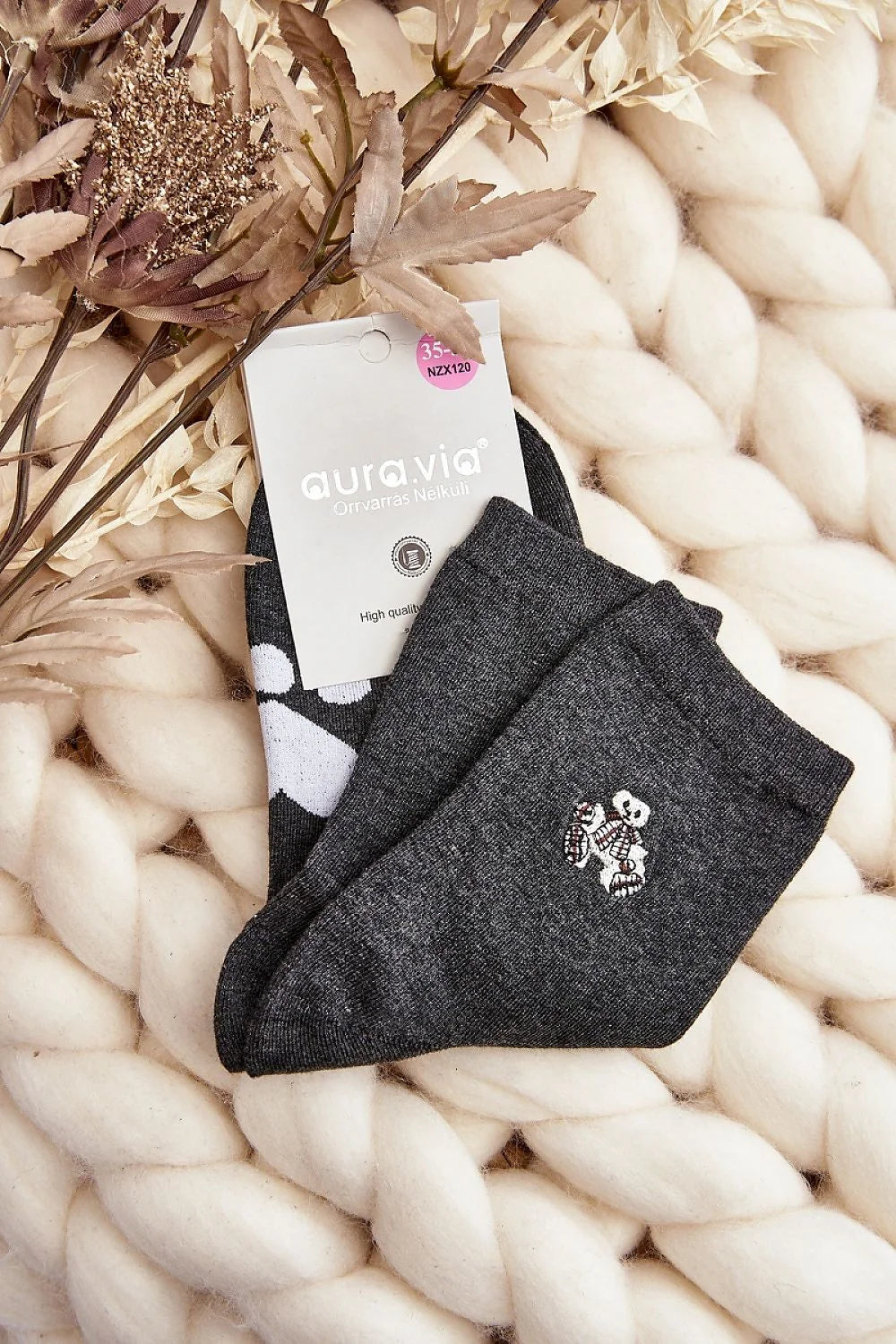 Chaussettes Auravia pour femmes style quotidien couleur gris foncé broderie caniche coton 85% elasthanne 5% polyamide 10% cadeau Noël cosy