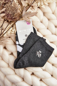 Chaussettes Auravia pour femmes style quotidien couleur gris foncé broderie caniche coton 85% elasthanne 5% polyamide 10% cadeau Noël cosy