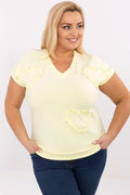 chemisier femme grande taille décontracté manches courtes col V brodé coeur perles coton élasthanne jaune pastel stretch semiajustée