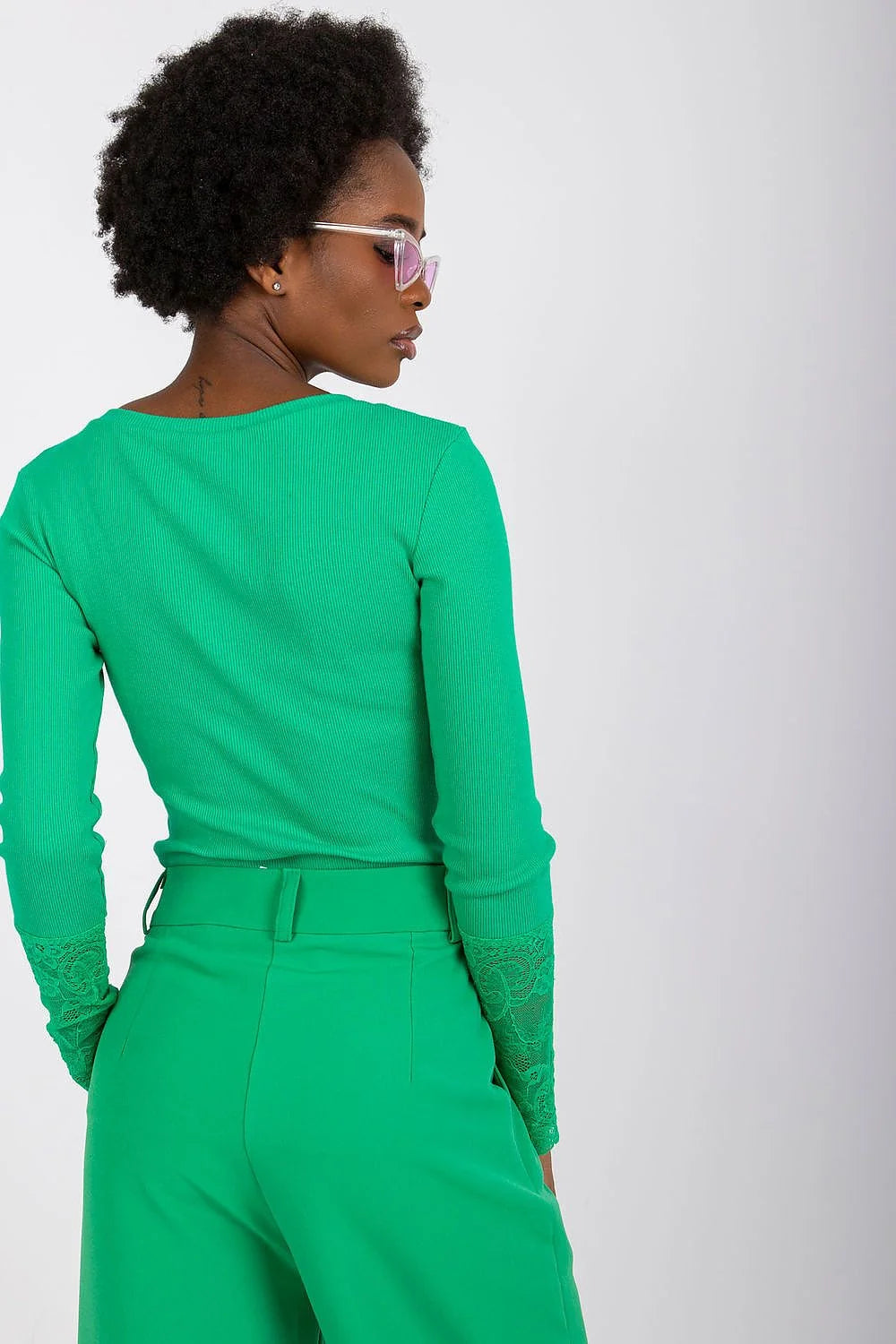 Chemisier Rue Paris vert vif maille côtelée dentelle manches longues pantalon taille haute femme