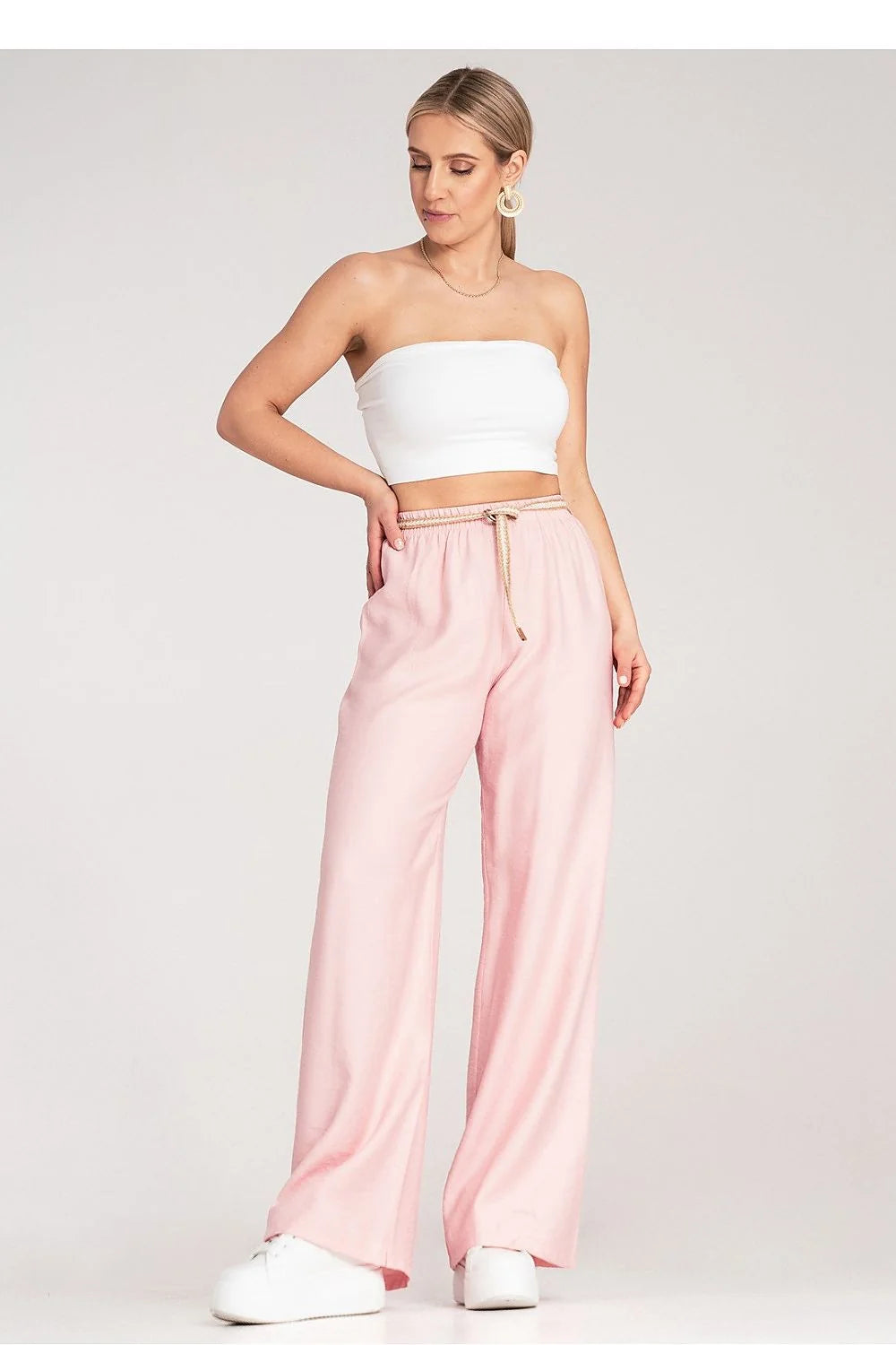 pantalon boho femme figl palazzo taille haute élastique ceinture tressée cordon doré viscose léger fluide jambes larges rose pastel