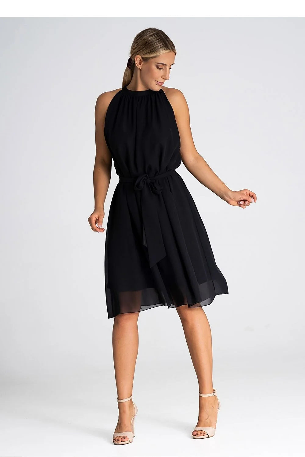 Robe de soirée élégante longue en mousseline de soie encolure dos nu ceinture ajustable pour femme