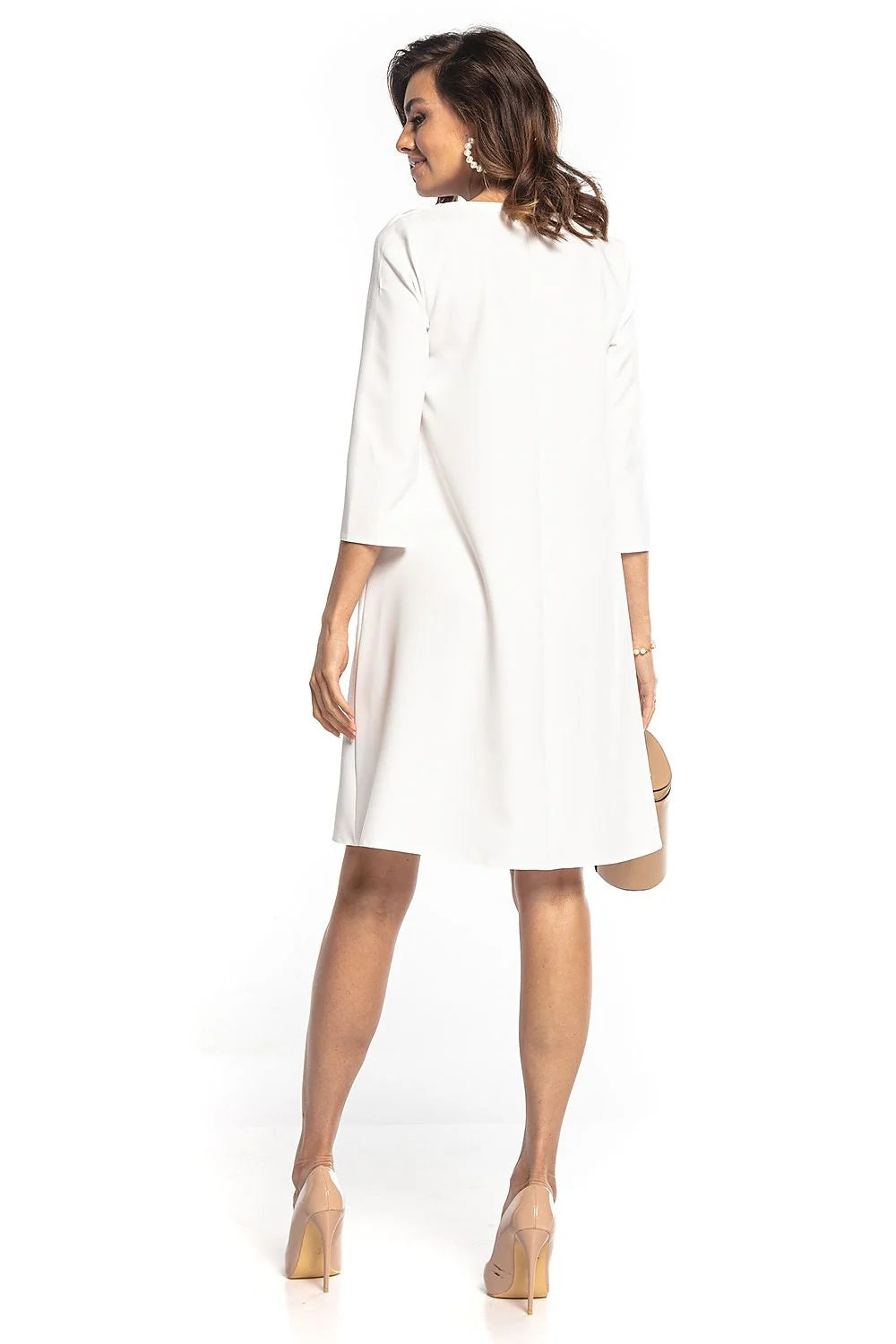 Robe blanche polyester élégante col V ceinture dorée manches 3/4 chic moderne femme