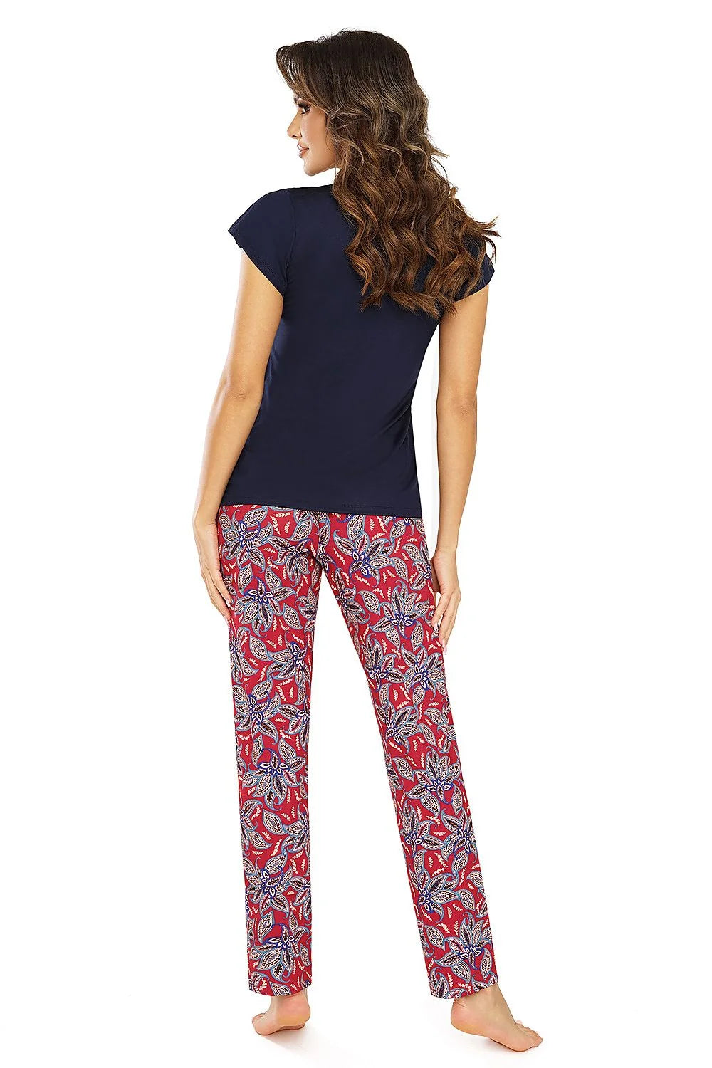 Pyjama femme deux pièces élégant confortable dentelle fleurs bleues manches courtes pantalon long viscose élasthanne Pologne