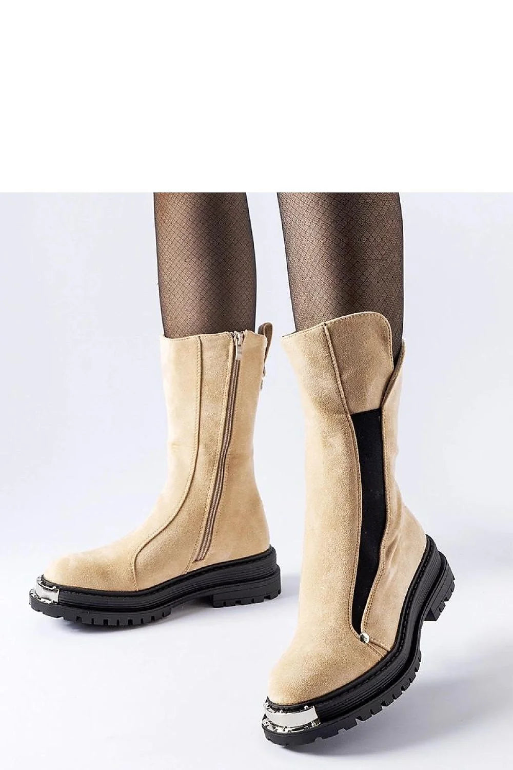 Bottes mi-hautes en daim beige à bout métallique, fermeture éclair, semelle crantée, style militaire et urbain pour femme