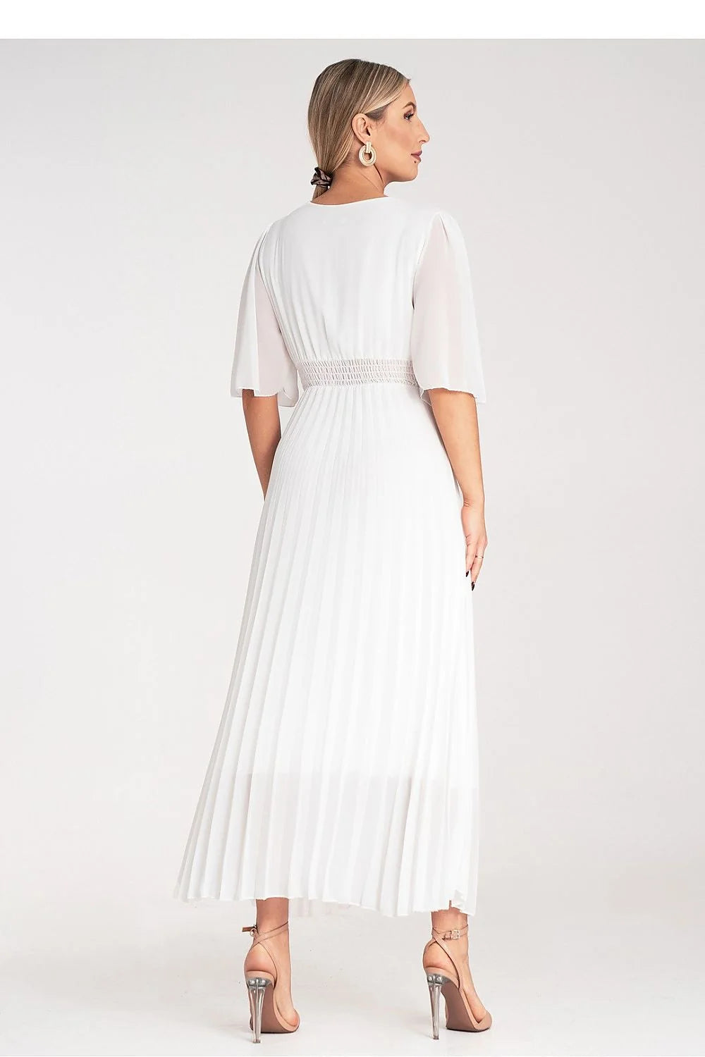 robe longue blanche col V croisé manches ballon mi longues taille smockée jupe plissée chiffon léger fluide élégante