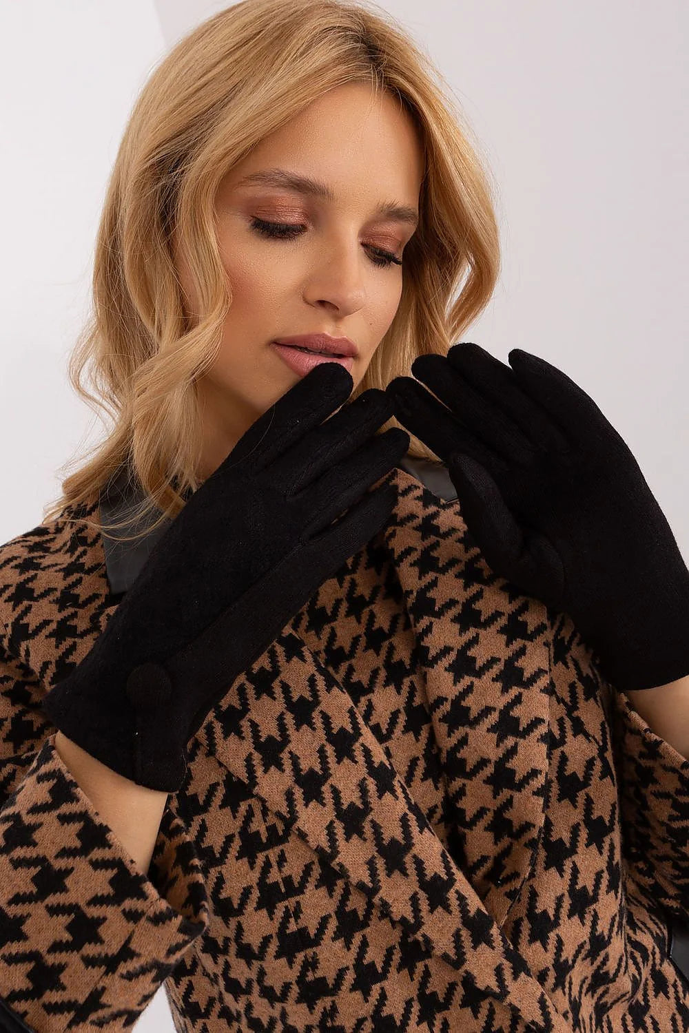 Gants féminins élégants en tissu isolé motif géométrique boutons décoratifs fleur brodée index téléphone sans enlever gants coton élasthanne polyester hiver femme