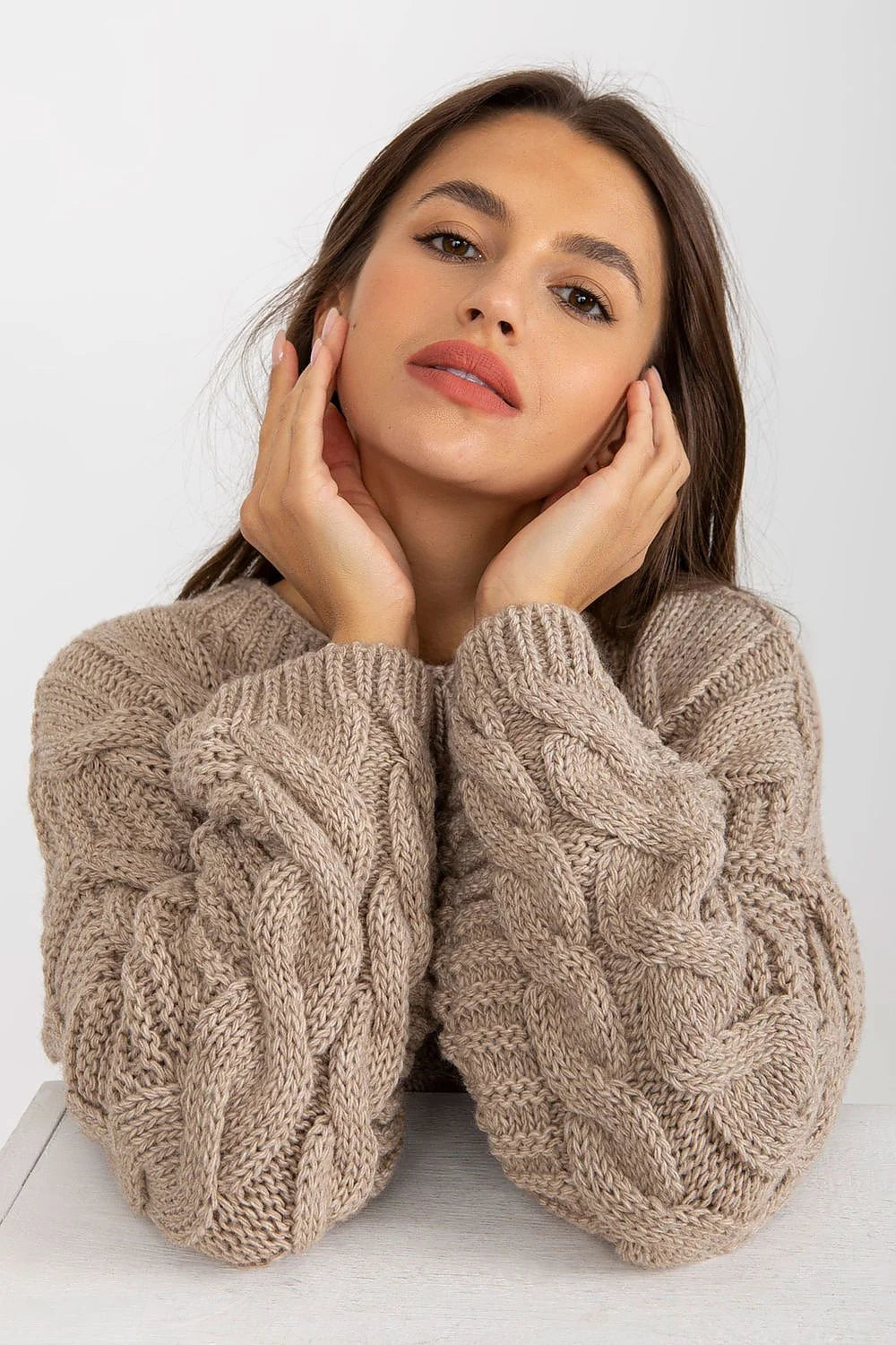 Chandail Rue Paris pull tricot maille torsadée manches longues col rond laine acrylique gris clair femme