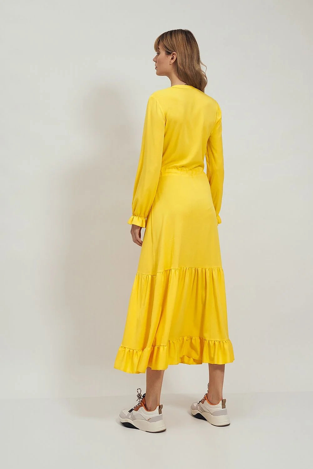 Robe longue évasée viscose jaune élégante boutonnée col V ceinture ajustable femme chic décontractée