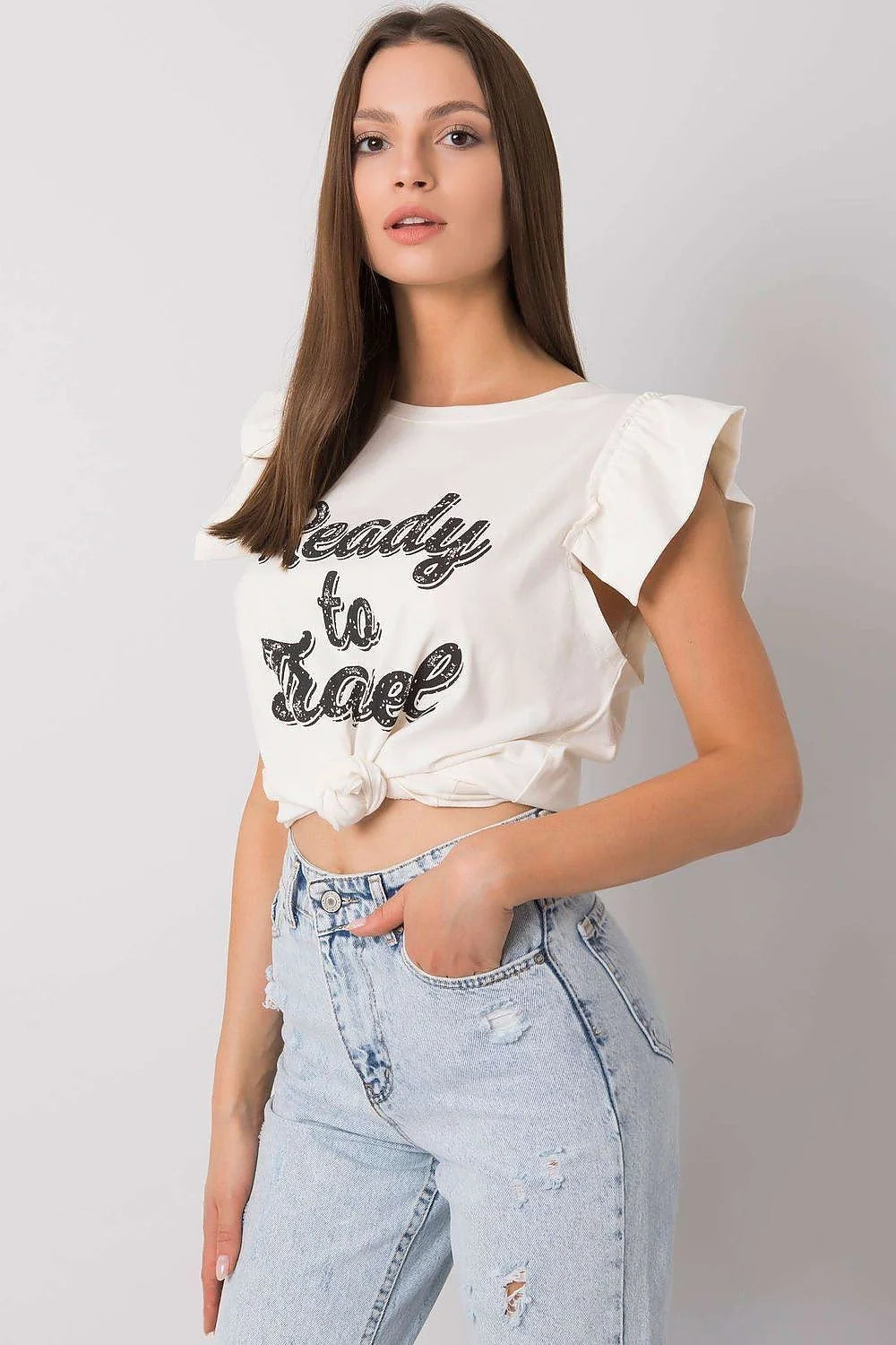 Top mode femme sans manches en coton graphique Ready to Travel ruffle neckline pastel yellow casual chic