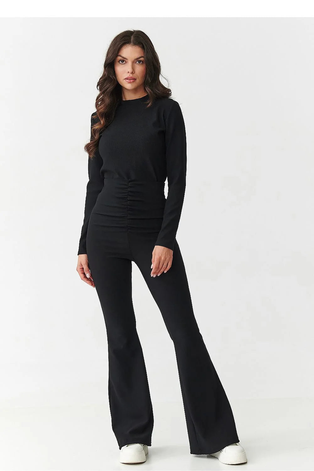 ensemble femme côtelé stretch chemisier ajusté manches longues col montant fermeture éclair dos pantalon taille haute jambes évasées