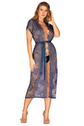 Robe de chambre Obsessive en dentelle transparente bleu profond ceinture satinée coupe kimono manches courtes femme