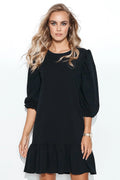 robe Makadamia noire courte jersey col rond manches bouffantes troisquarts poignets élastiqués ourlet volanté coupe ample fluide coton