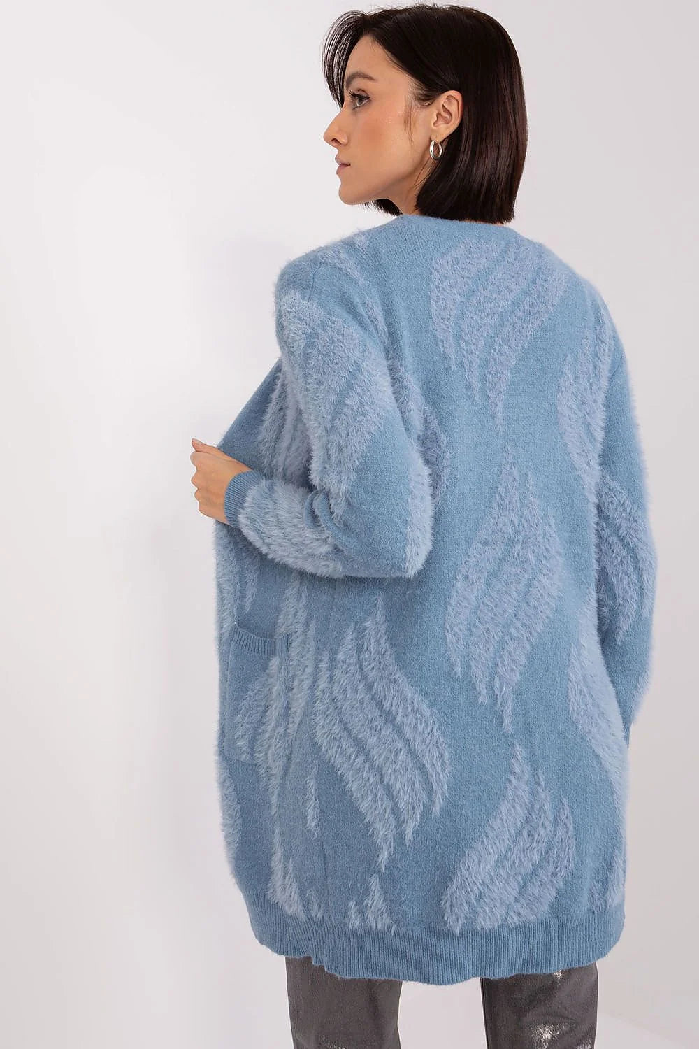 Cardigan femme en laine douce ouvert sans boutons longues manches motif subtil bleu doux coupe longue polyvalent