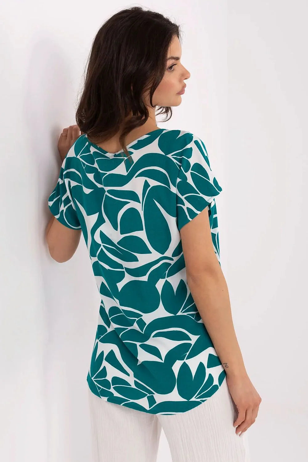 Chemisier Sublevel Casual Femme Élégant Moderne Coupe Ample Manches Courtes Encolure Ronde Viscose Léger Motif Abstrait Vert Émeraude Blanc