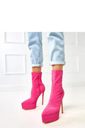 bottines montantes femme fuchsia vif talon aiguille haut plateforme avant tige stretch lisse sockboot bout pointu fermeture éclair latérale dorée