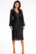 Robe de soirée élégante longue manches bouffantes élastique poignet ceinture paillettes noire elasthanne polyester femme taille ajustable