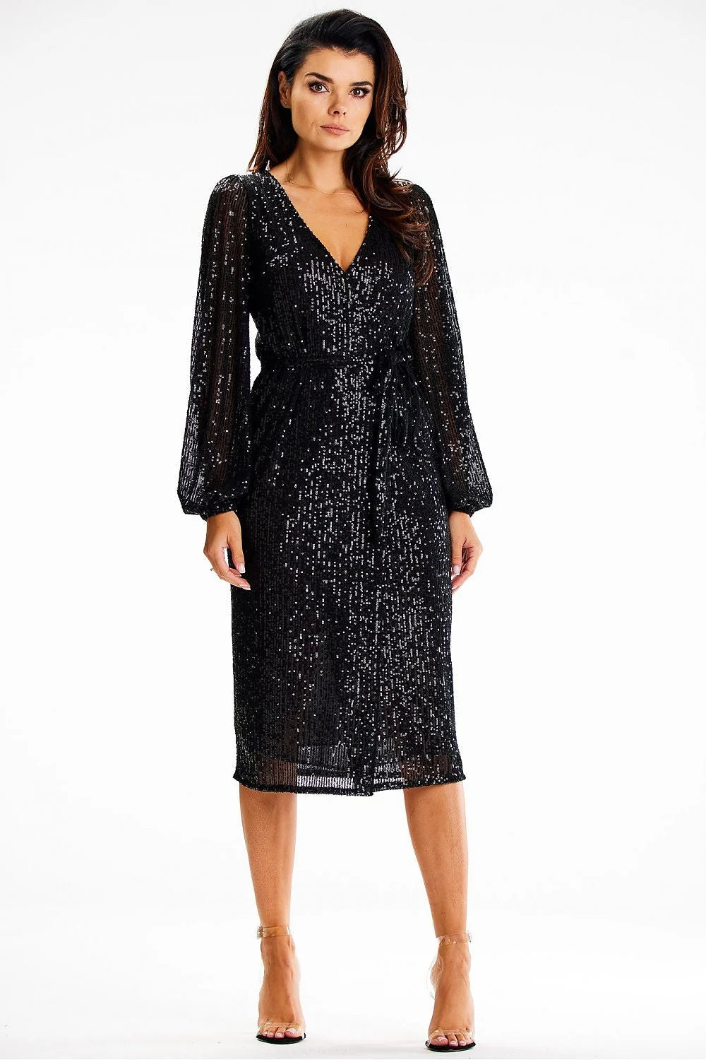 Robe de soirée élégante longue manches bouffantes élastique poignet ceinture paillettes noire elasthanne polyester femme taille ajustable