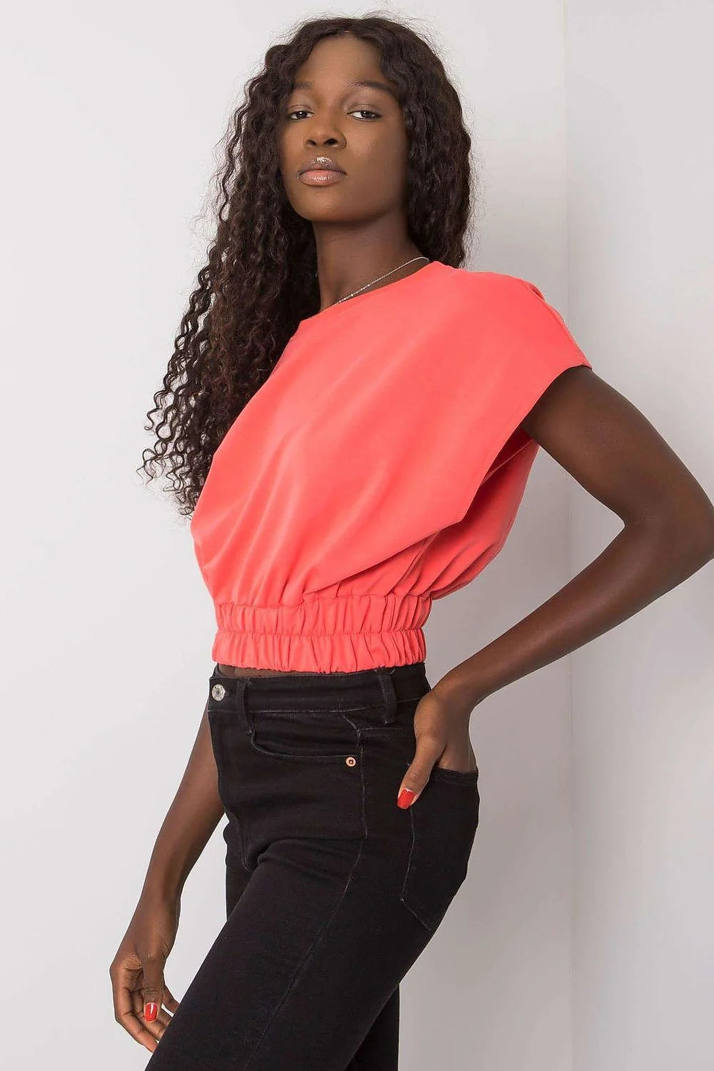 Haut pour femme sweatshirt Fancy coupe ample manches courtes bande élastique corail vif coton léger
