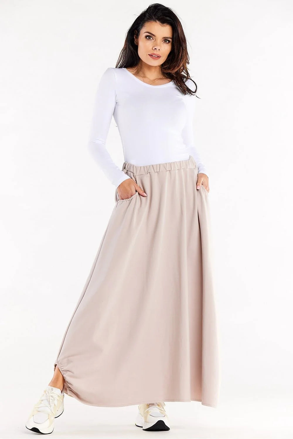 jupe longue femme évasée trapèze taille élastique poches latérales coton élasthanne jersey fluide extensible tombé drapé ourlet froncé