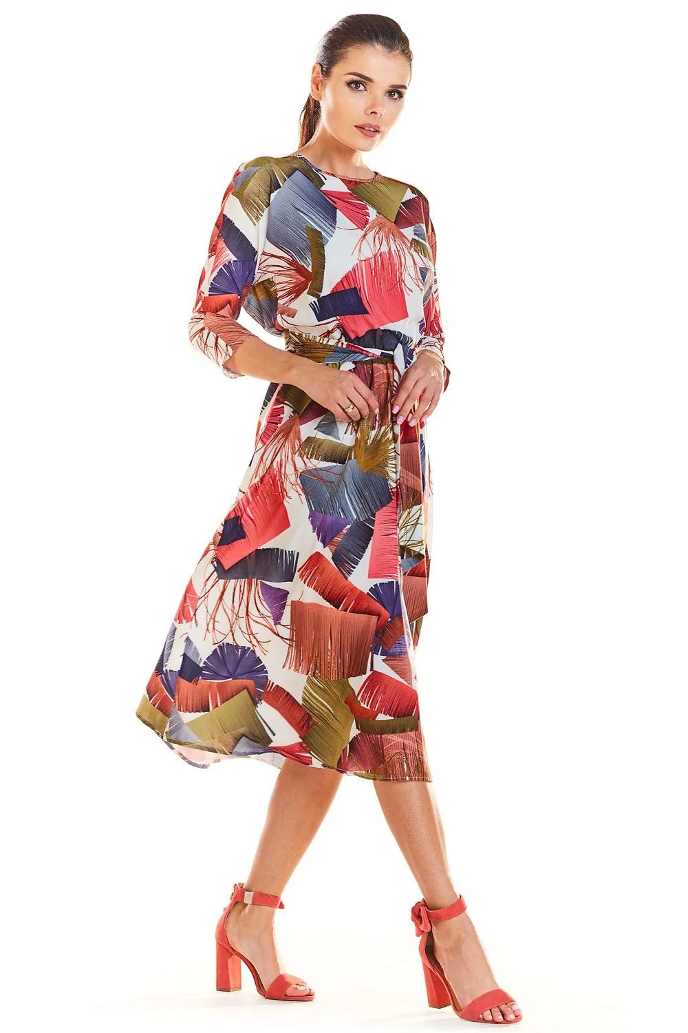 robe midi imprimée femme manches troisquarts col rond ceinture nouée ajustée évasée bohème chic fluide légère multicolore corail olive bleumarine