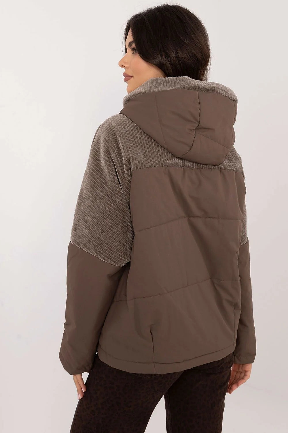 manteau femme automne hiver taupe velours côtelé bimatière coupe ample oversize capuche zippée poches zippées cordons ajustables matelassé doublé