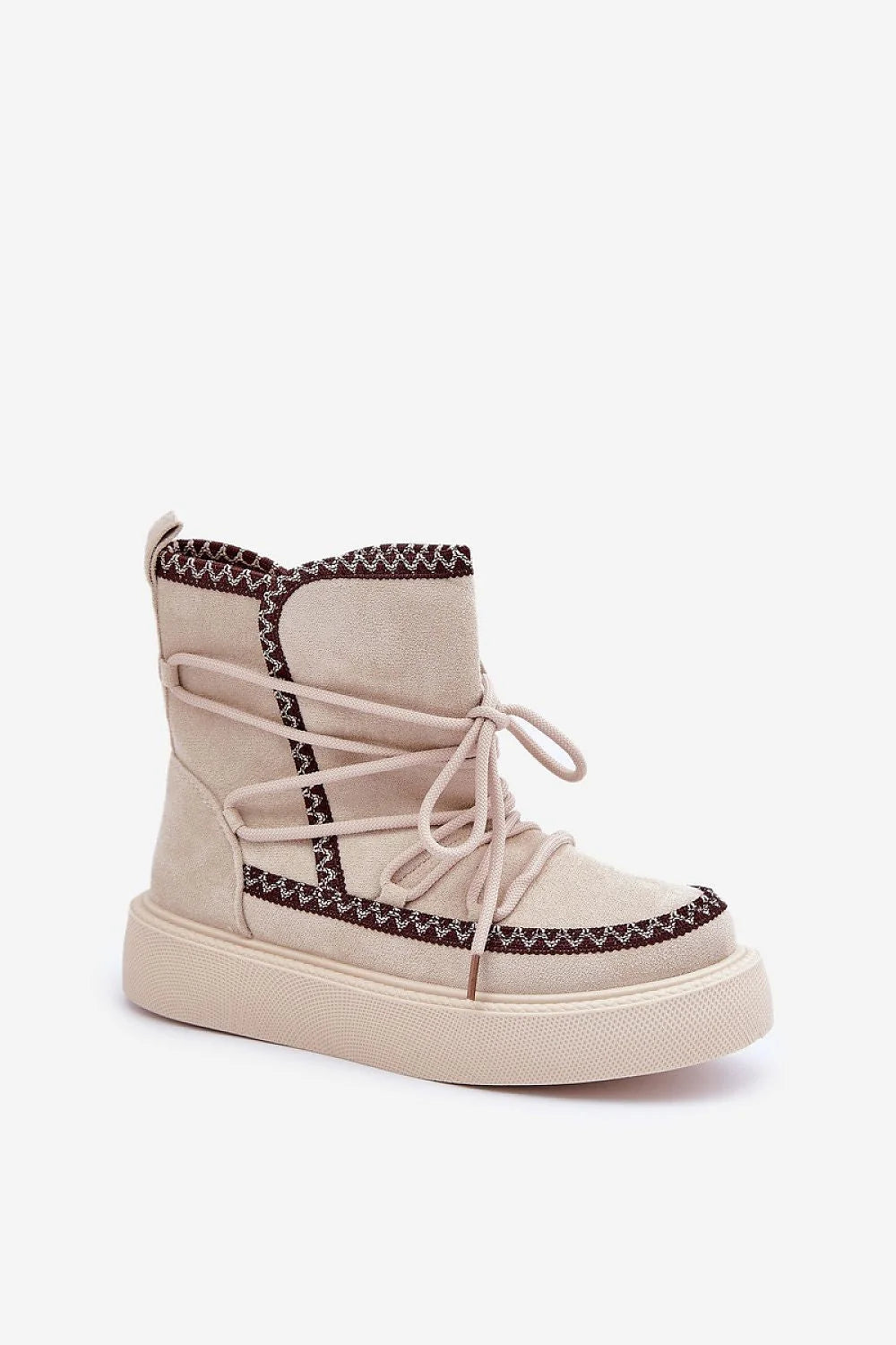 bottines femme montantes aprèsski urbain suédé beige crème écologique coutures zigzag noir lacets corde semelle plateforme épaisse antidérapante doublure chaude