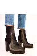 bottines femme cheville talon onze centimètres plateforme deux centimètres talon bloc bout rond fermeture éclair cuir suédé écologique noir chic
