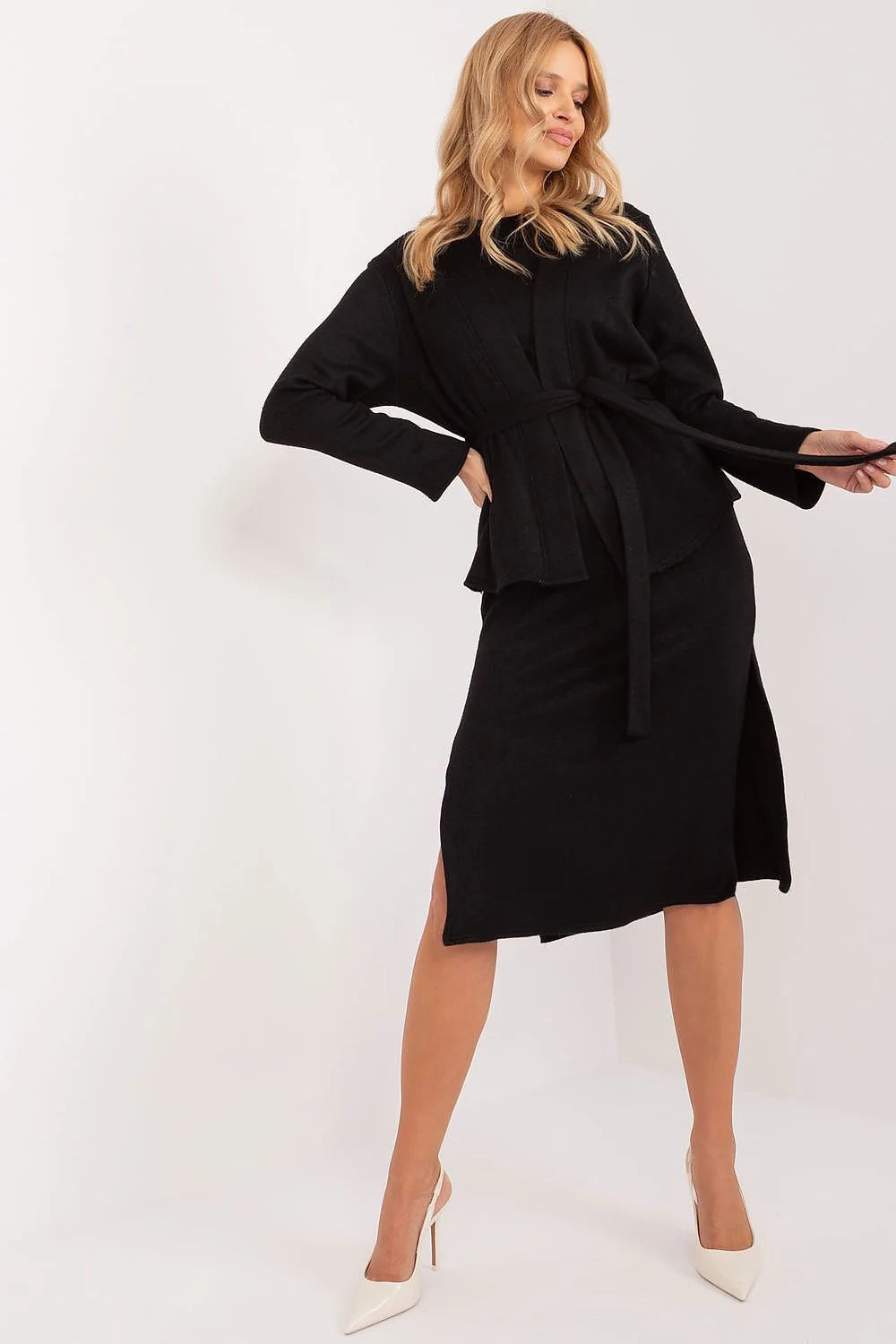 Ensemble Lakerta pour femme élégant et moderne en angora noir manches longues ceinture ajustable robe asymétrique jupe mi-longue occasion professionnelle ou soirée