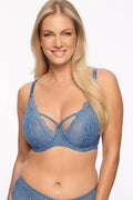 Soutien-gorge féminin élégant dentelle délicate motifs abstraits couleur bleu subtile maintien parfait ajustement confortable lingerie moderne