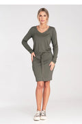 Robe femme décontractée vert olive manches longues encolure V taille ajustable élasthanne viscose polyvalente occasion quotidienne