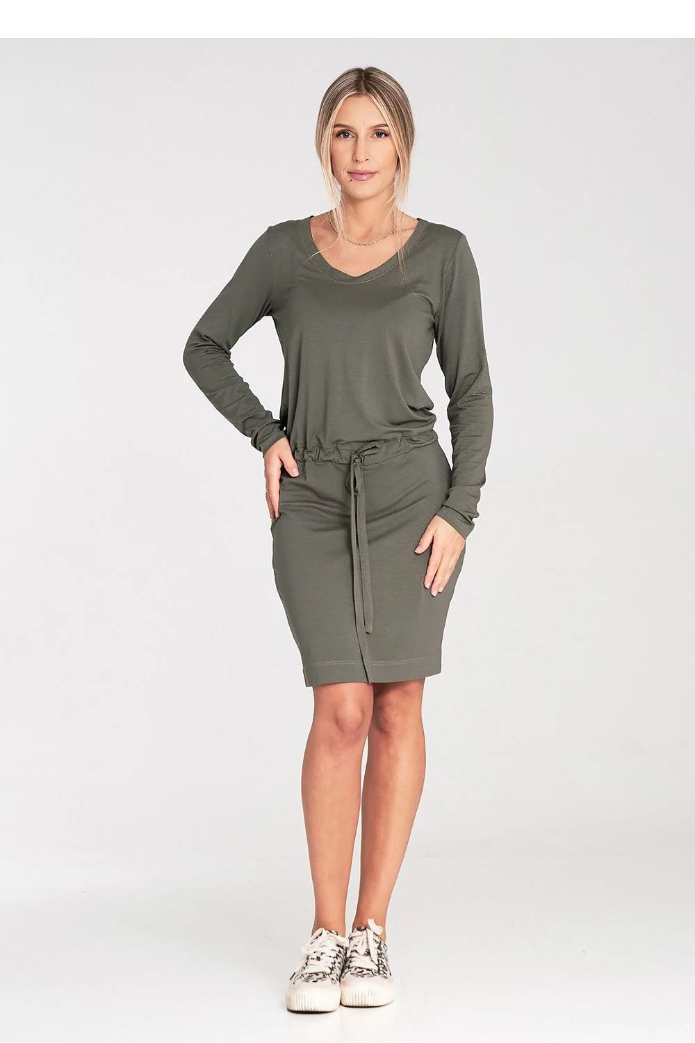 Robe femme décontractée vert olive manches longues encolure V taille ajustable élasthanne viscose polyvalente occasion quotidienne