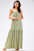robe awama femme longue fluide ample viscose naturelle vert kaki sauge bretelles fines encolure froncée volant bas bohème chic estivale