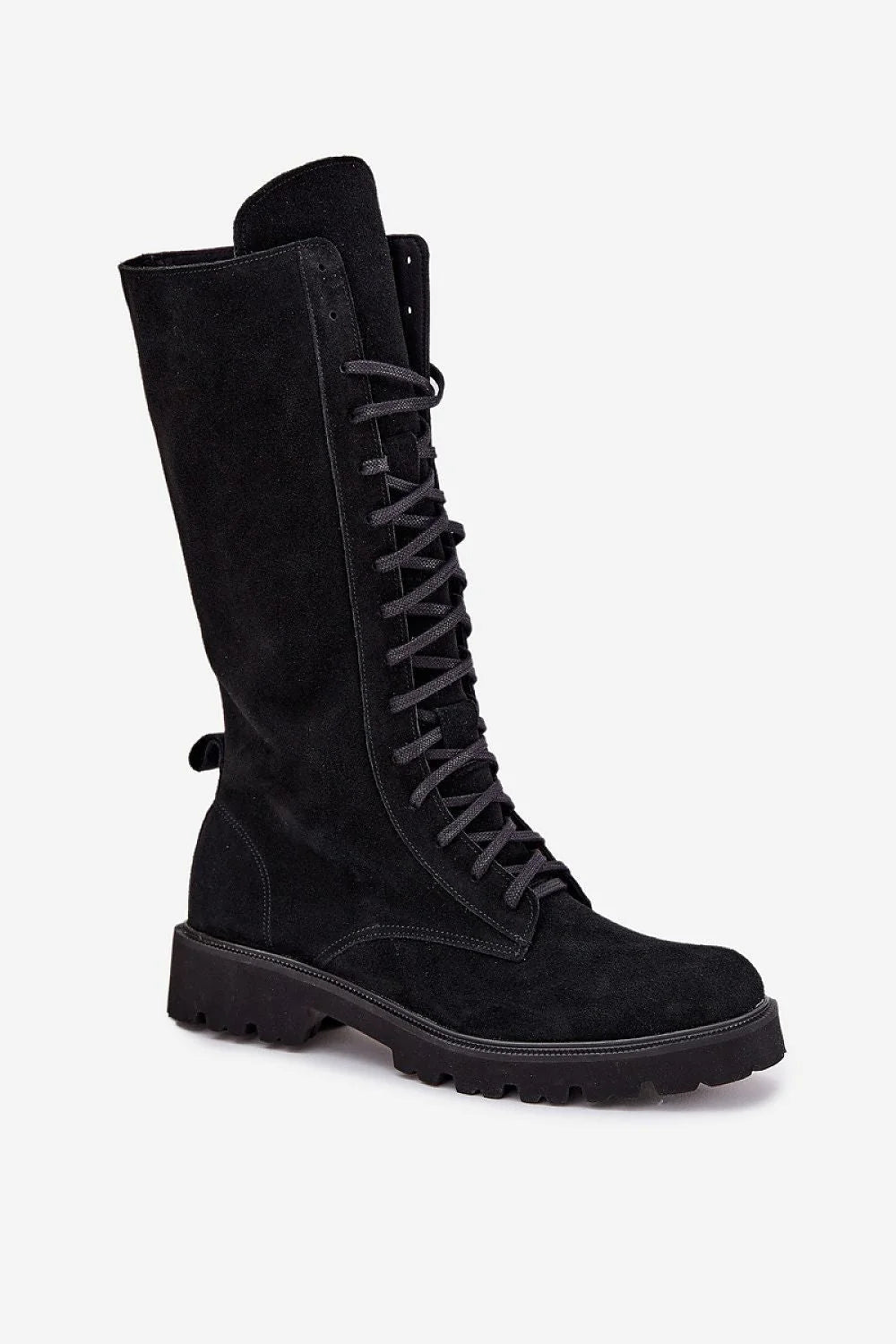 bottines montantes femme suède noir mi mollet lacets frontaux zip intérieur semelle crantée caoutchouc plateforme bout rond confortable