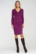 robe ajustée élégante cintrée décolleté cache coeur V manches longues jupe crayon genoux fermeture invisible tissu extensible doux viscose spandex