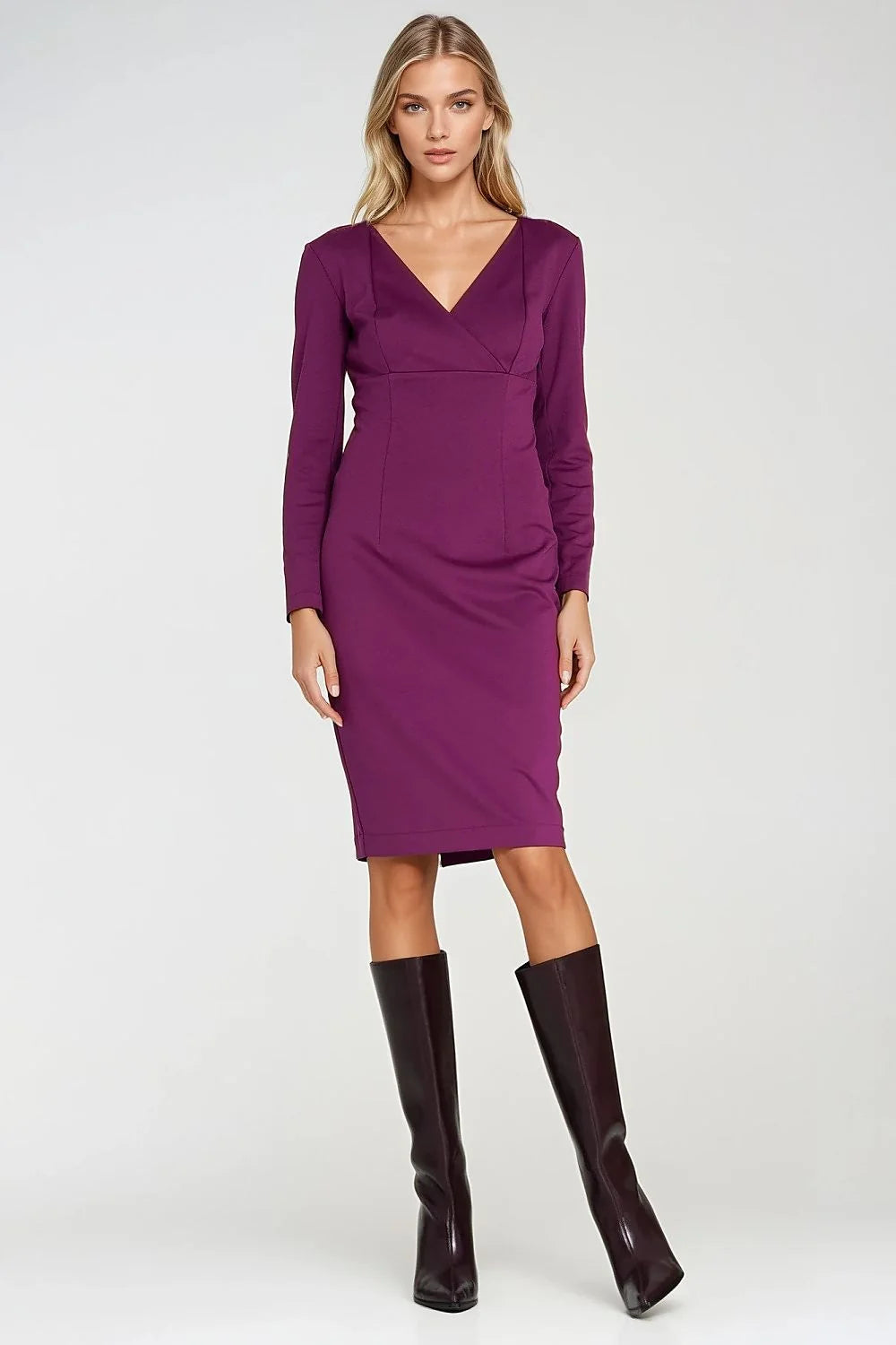 robe ajustée élégante cintrée décolleté cache coeur V manches longues jupe crayon genoux fermeture invisible tissu extensible doux viscose spandex