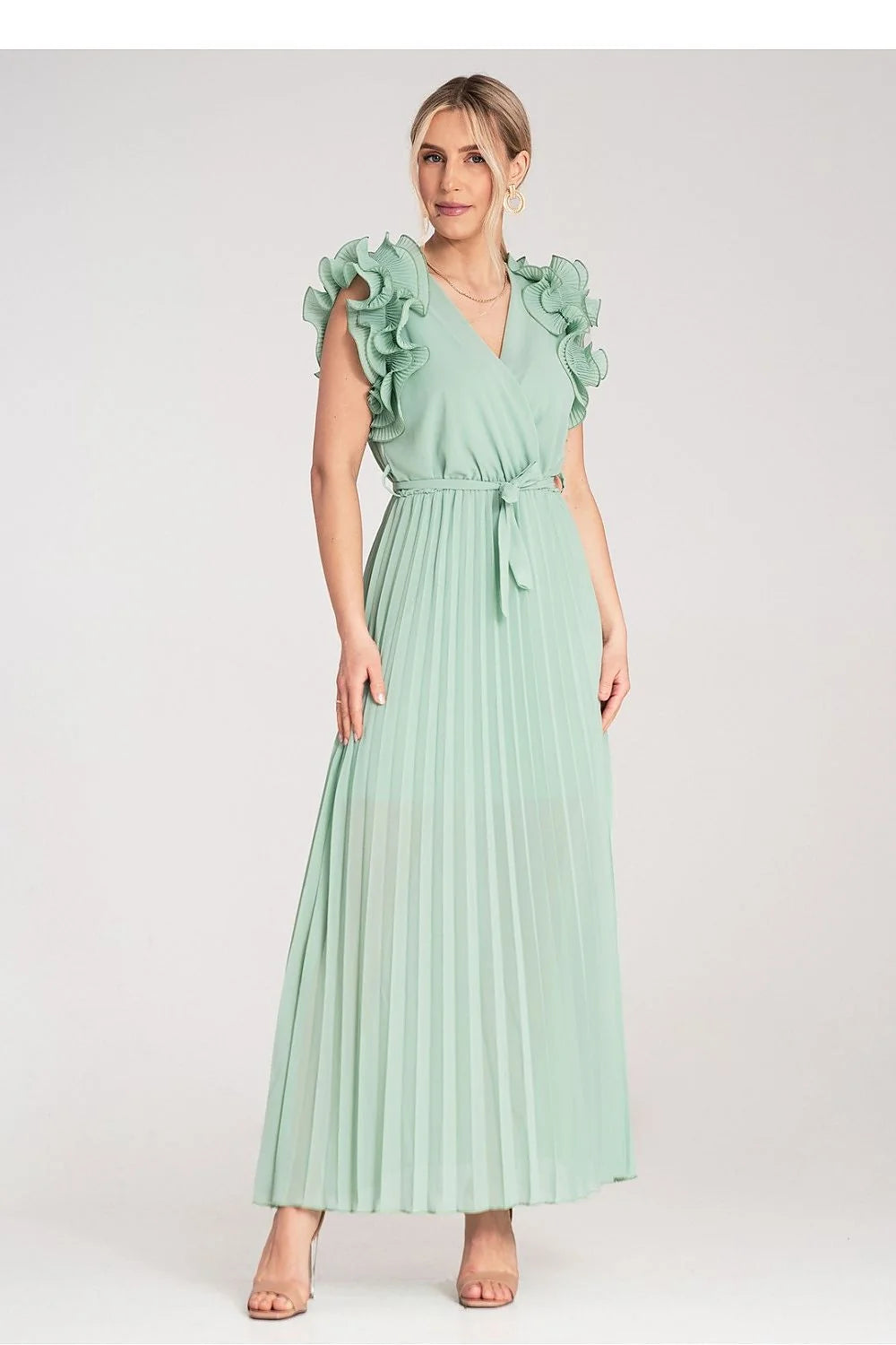 Robe de cocktail élégante longue sans manches en V vert menthe volants épaules ceinture assortie taille élastique polyester femme