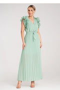 Robe de cocktail élégante longue sans manches en V vert menthe volants épaules ceinture assortie taille élastique polyester femme