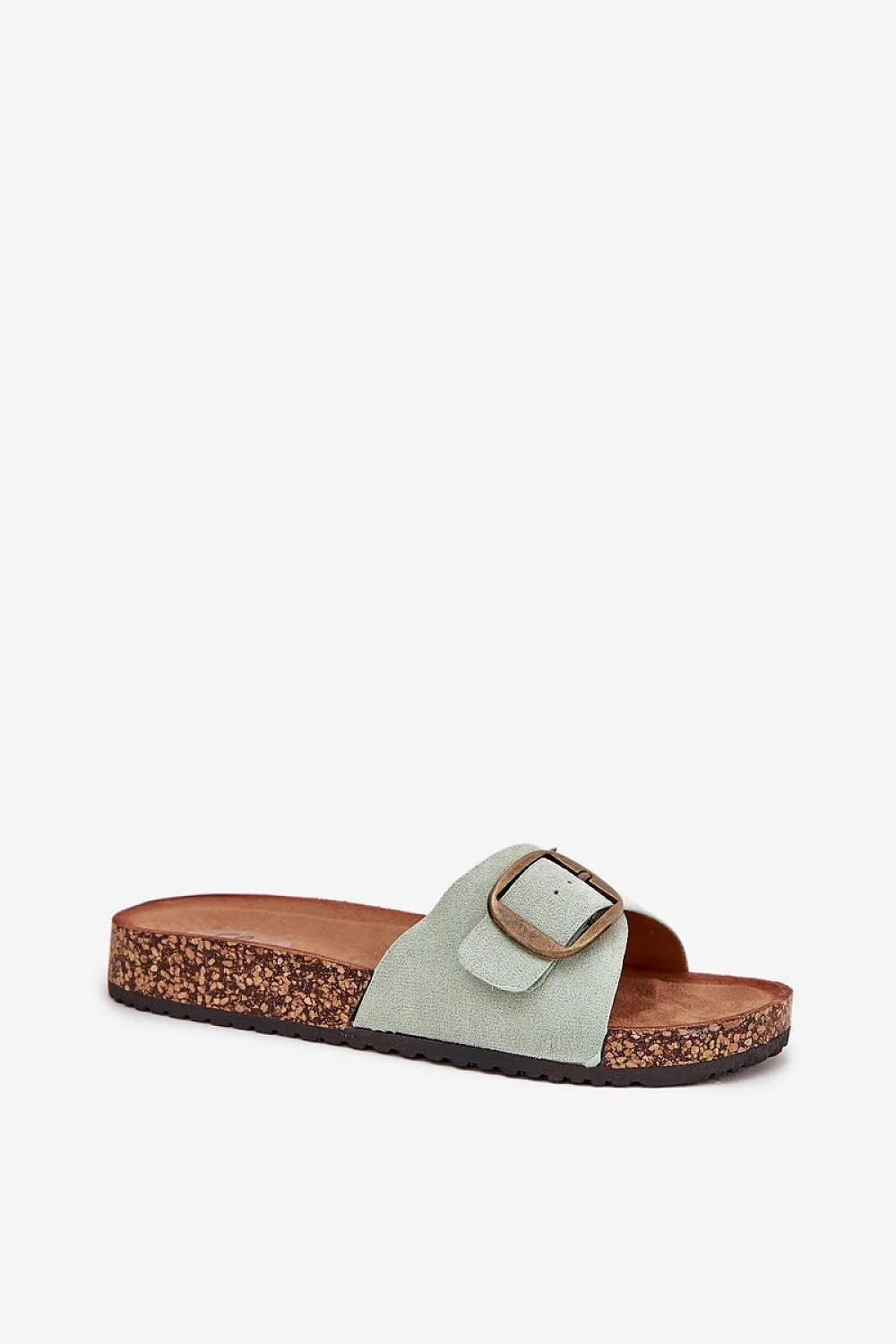 mules femme suédine écologique vert menthe plateforme liège 3cm bride large boucle réglable semelle anatomique crantée caoutchouc confort voûte plantaire