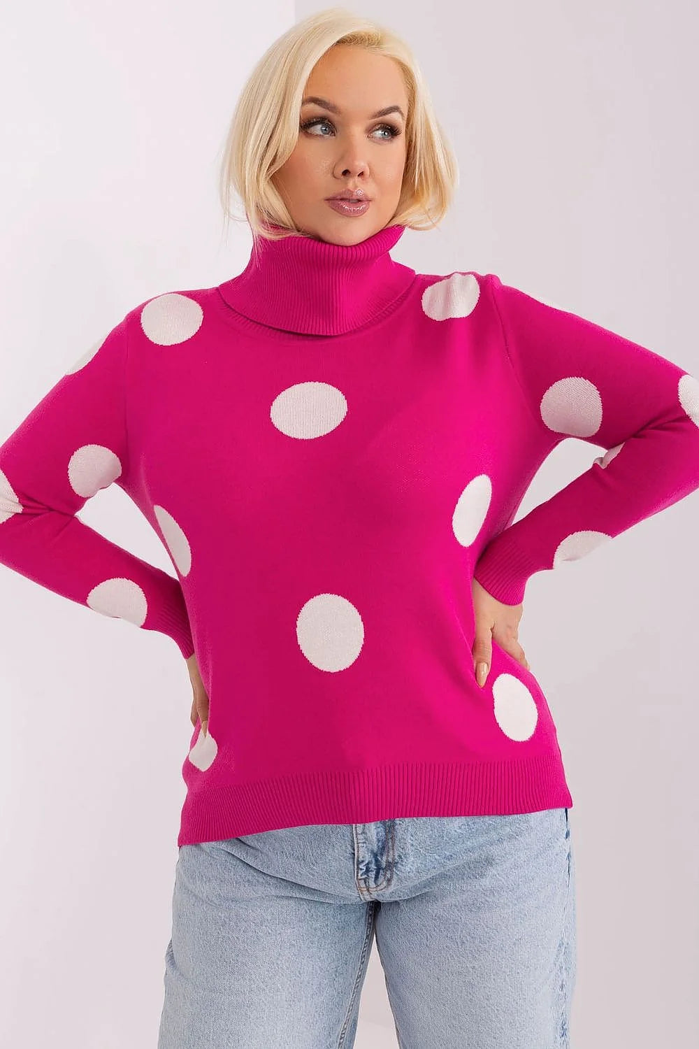 Pull col roulé pour femmes fuchsia pois blancs manches longues coupe ample plus size