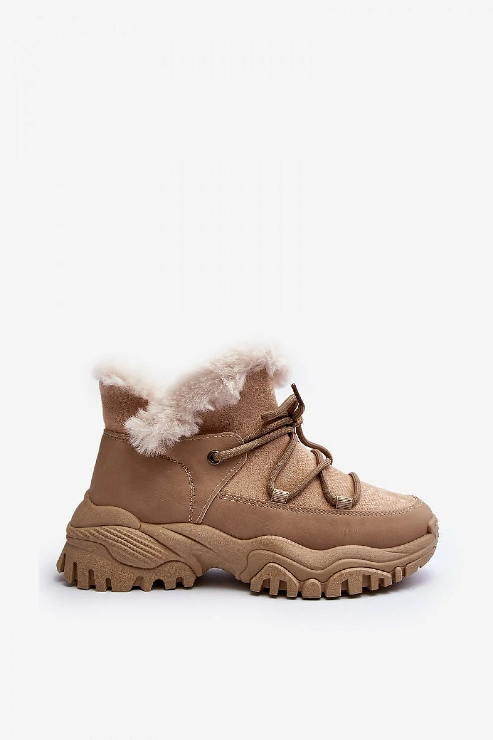 Bottes trappeur mode femme cuir écologique fourrure beige talon 6cm plateau 3.5cm style chunky