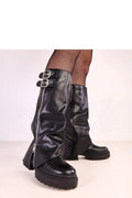 bottes hautes tige 39cm similicuir noir plateforme 5cm semelle crantée boucles argentées revers fermeture éclair latérale doublure chaude