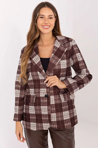 blazer femme carreaux marron écru coupe droite oversize col tailleur fermeture bouton poches rabat tissu laineux doublure structurée