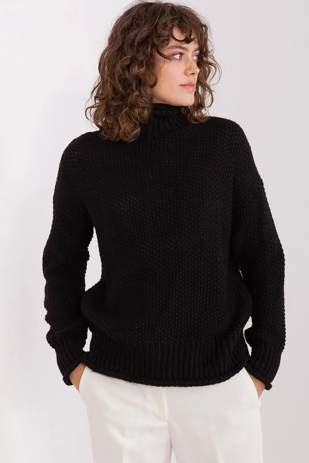 Pull à col roulé pour femme en maille épaisse, couleur noire, style élégant et intemporel, coupe droite et confortable