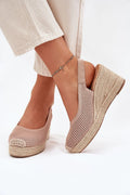 sandales espadrille femmes compensées textile crocheté beige rosé talon corde tressée plateforme semelle caoutchouc bout fermé bride arrière élastique respirantes